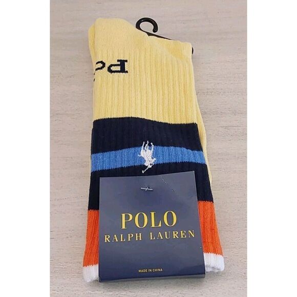 Polo Ralph Lauren Mens Cotton Crew Socks Signature Yellow Navy Striped Sz 10-13 - Picture 9 of 9